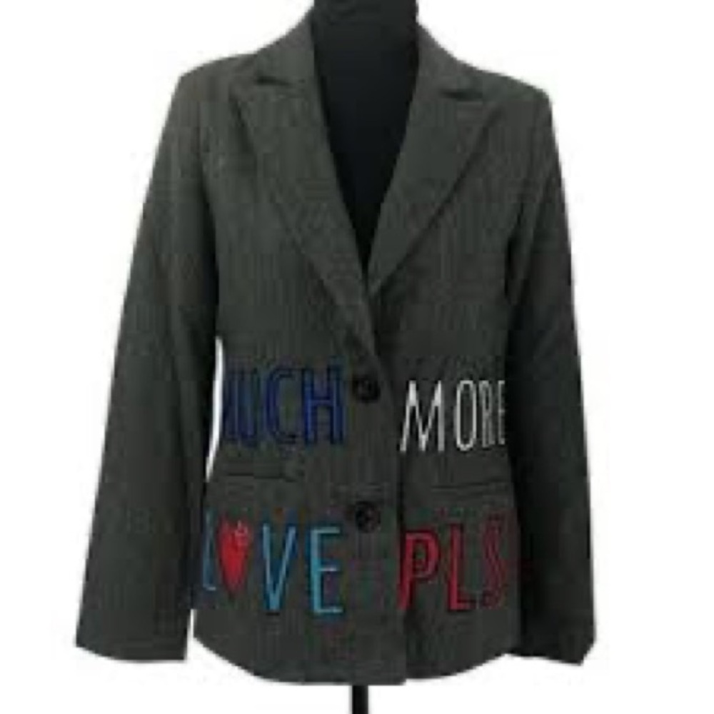 GREY LAB Charcoal Herringbone Blazer with Colorful Lettering